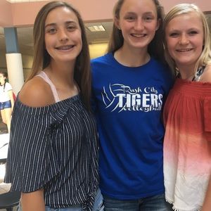 Blue and white off the shoulder shirt